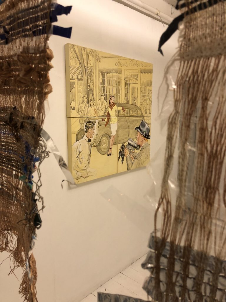 Painting by Teresa Witz seen through woven tapestry by Maud Barrett and Femke Winde Lemmens in preparation for the Apartment #10