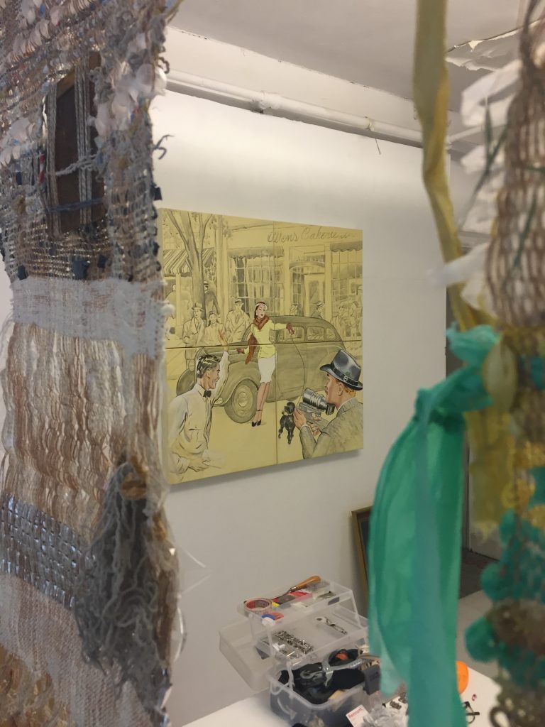 Painting by Teresa Witz seen through woven tapestry by Maud Barrett and Femke Winde Lemmens in preparation for the Apartment #10